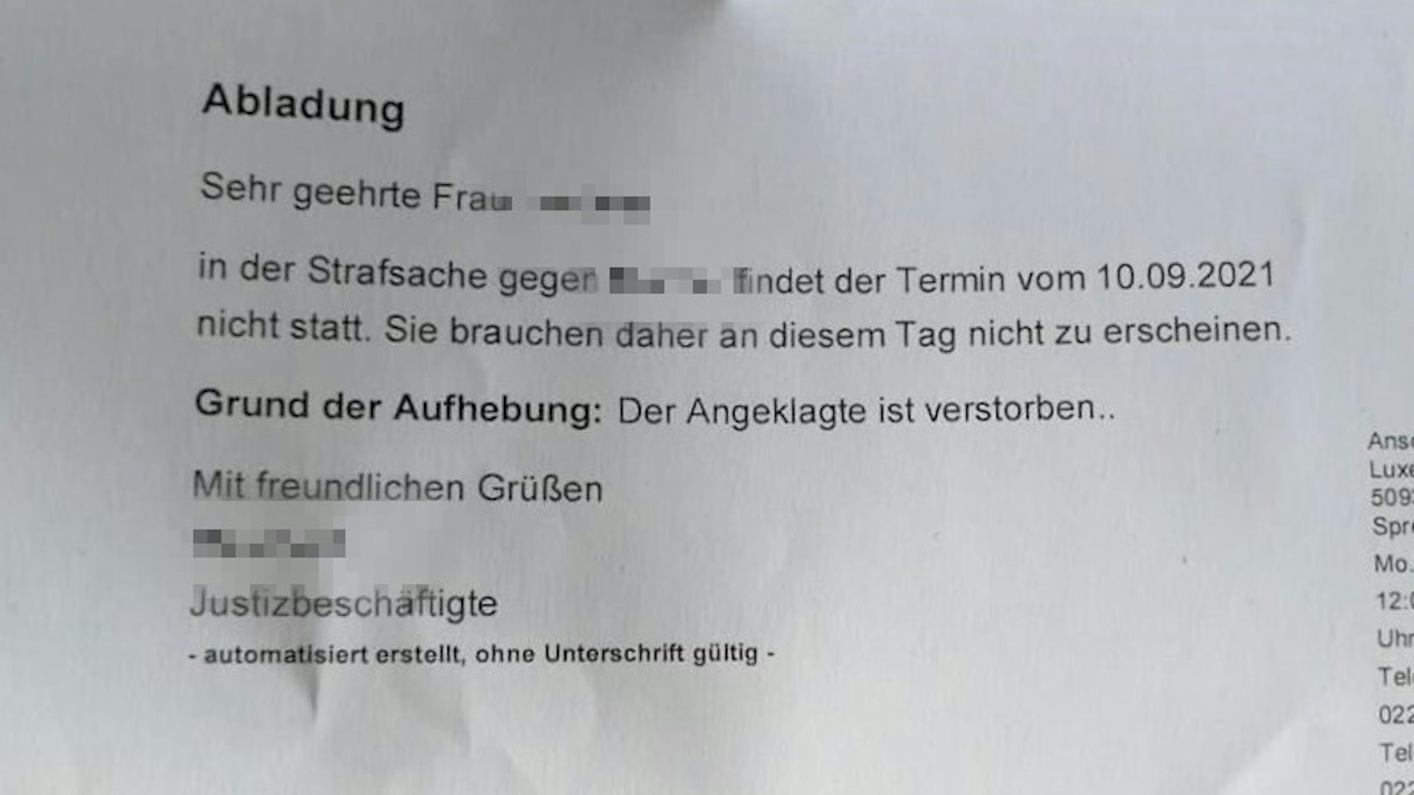 Ein Brief des Amtsgericht Köln mit dem Hinweis, dass ein Prozess nicht stattfinden wird.