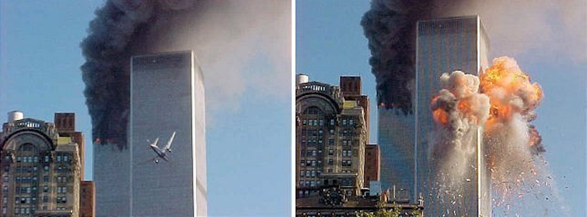 Bild links: Der zweite Jet steuert auf den zu diesem Zeitpunkt noch unversehrten zweiten Turm des World Trade Centers in New York zu. Bild rechts: Der Jet fliegt in den zweiten Turm und zerschellt in einem Feuerball.