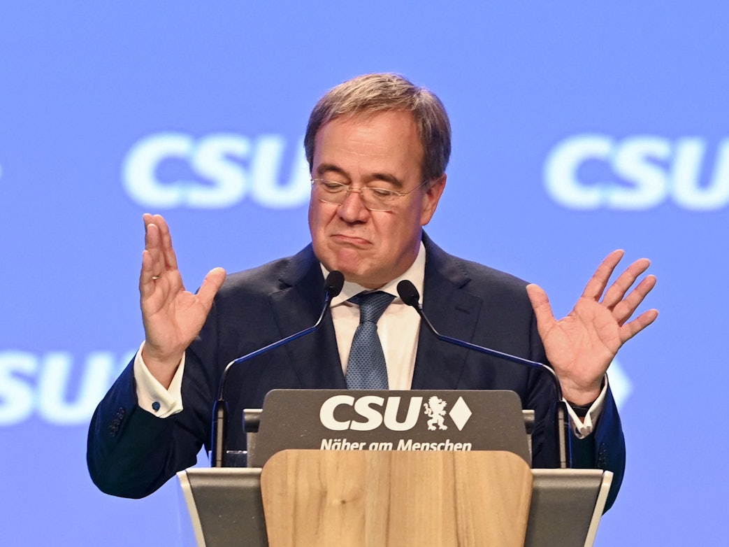 Armin Laschet, Unions-Kanzlerkandidat und CDU-Vorsitzender, spricht beim Parteitag der CSU am 12. September.