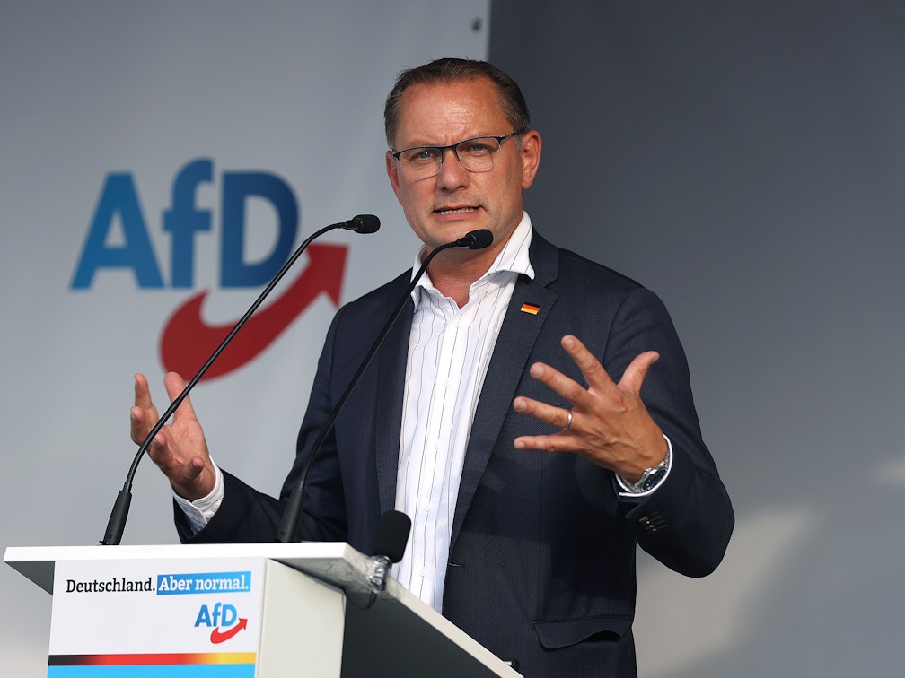 AfD-Spitzenkandidat Tino Chrupalla auf Wahlkampftour am 13.08.2021 in Stendal.