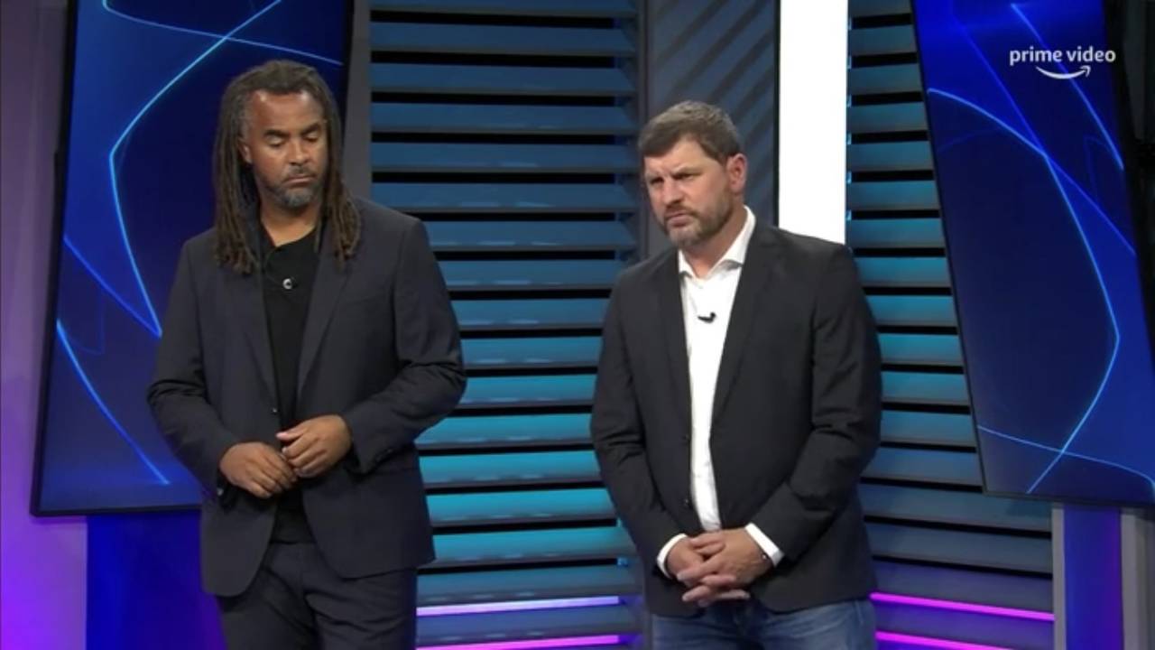 Steffen Baumgart neben Patrick Owomoyela im Amazon Prime Studio als TV-Experte.