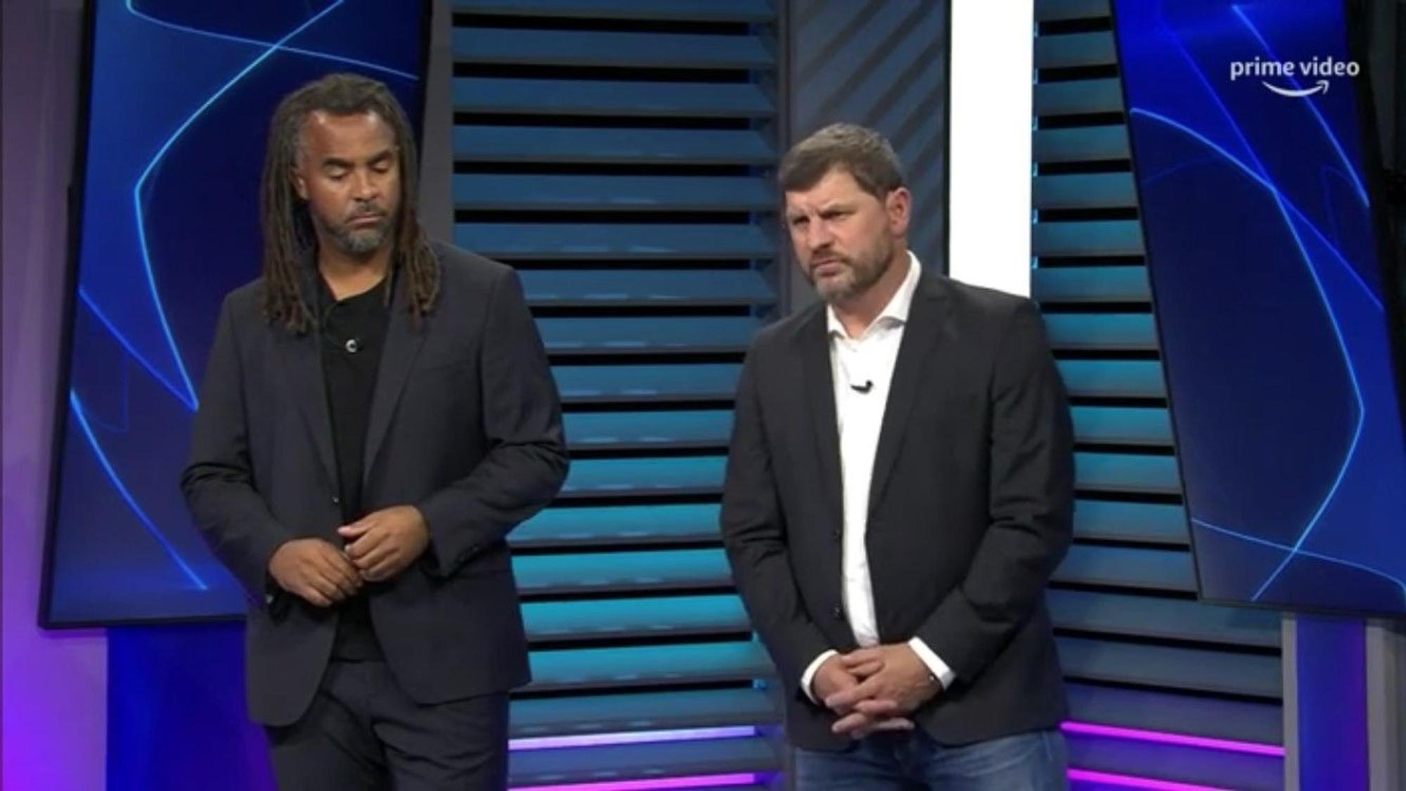 Steffen Baumgart neben Patrick Owomoyela im Amazon Prime Studio als TV-Experte.
