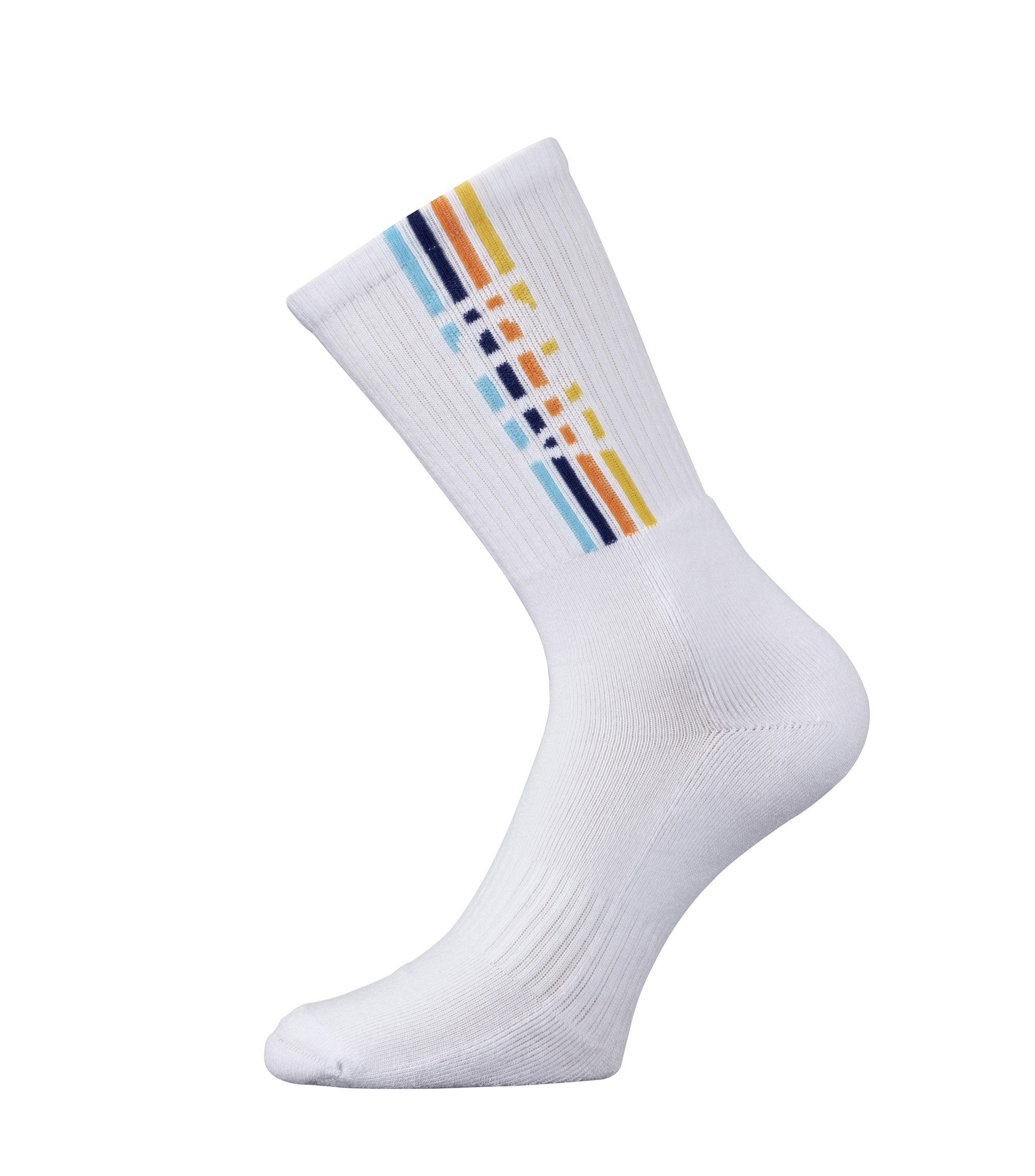 Das Foto zeigt eine weiße Socke mit Aldi-Schriftzug.