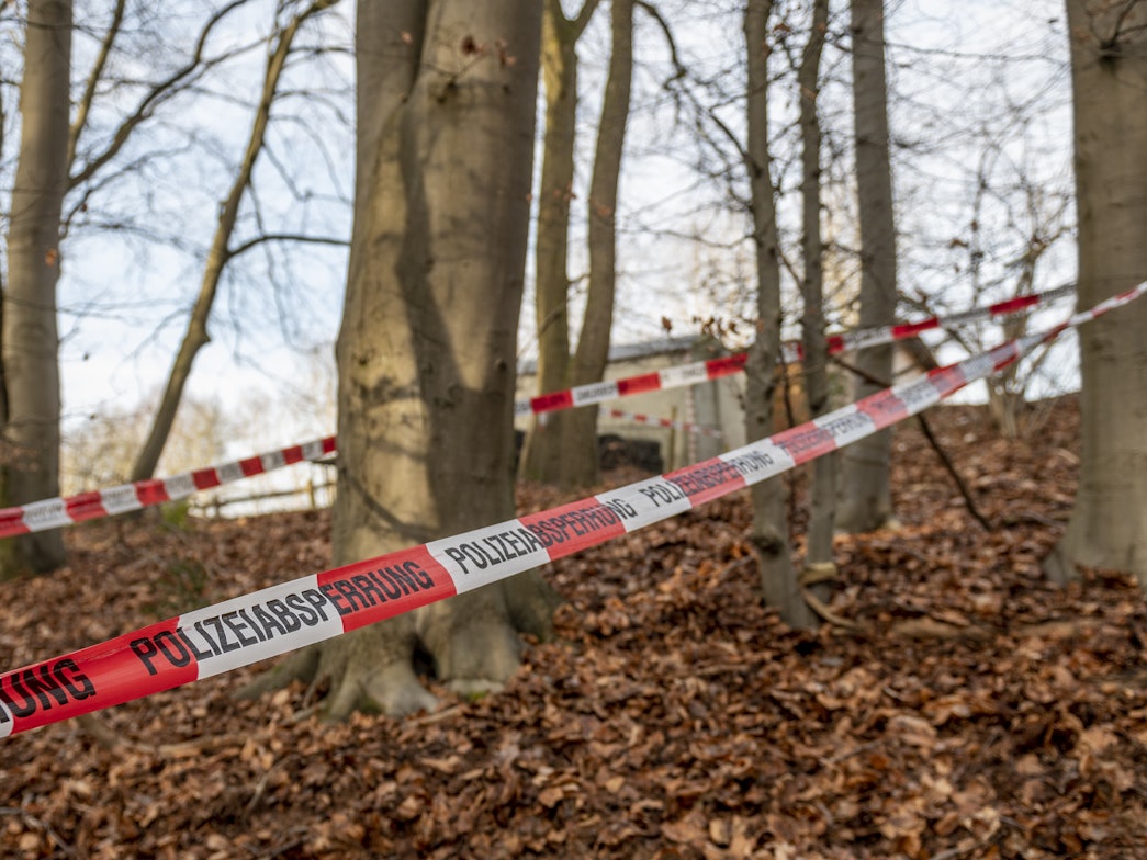 Ein Flatterband der Polizei ist als Absperrung um mehrere Bäume in einem Waldstück gewickelt.