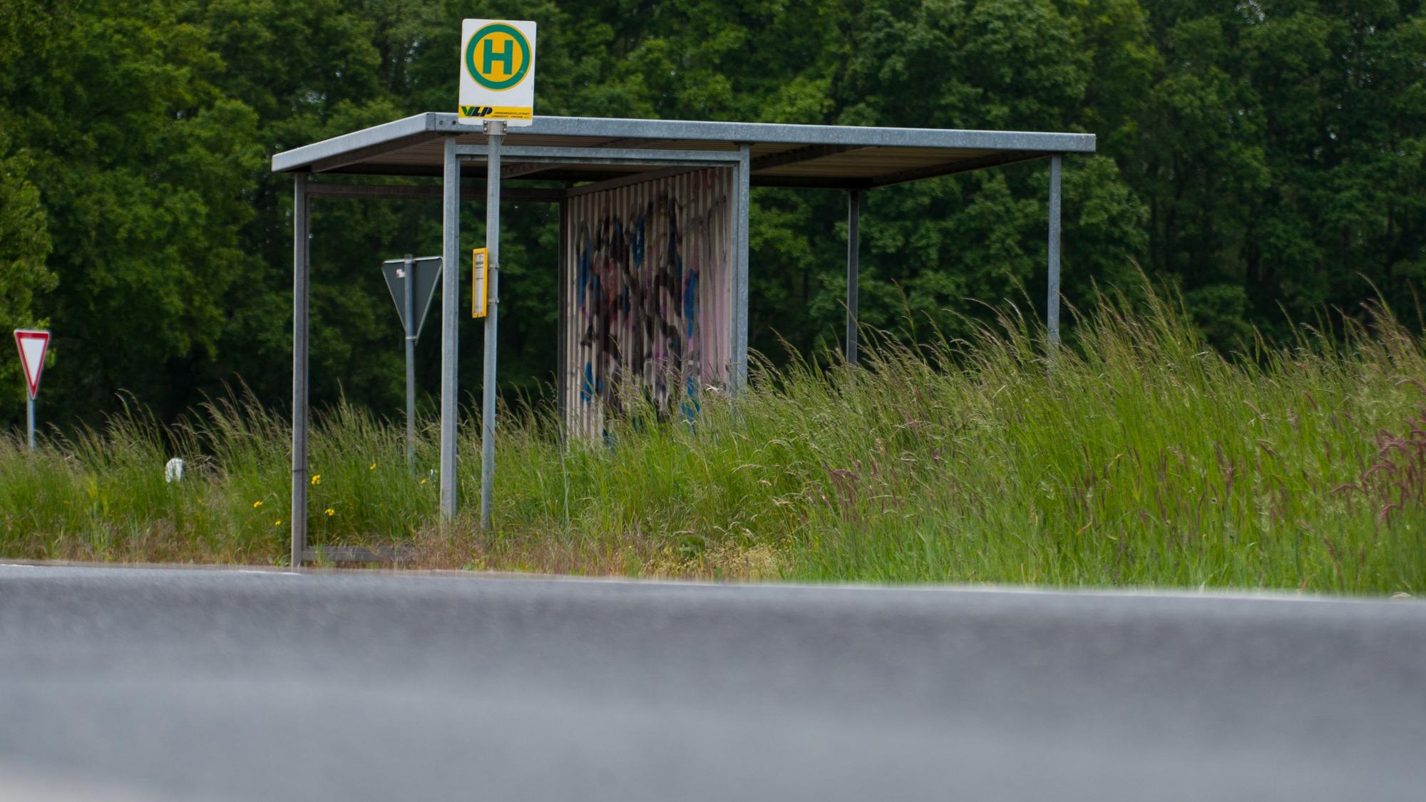 Eine zugewachsene Bushaltestelle auf einem Dorf.