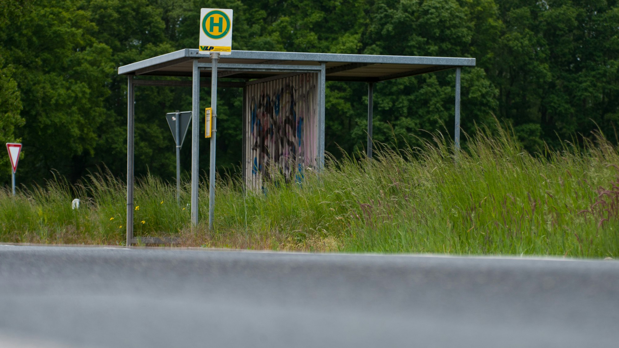Eine zugewachsene Bushaltestelle auf einem Dorf.