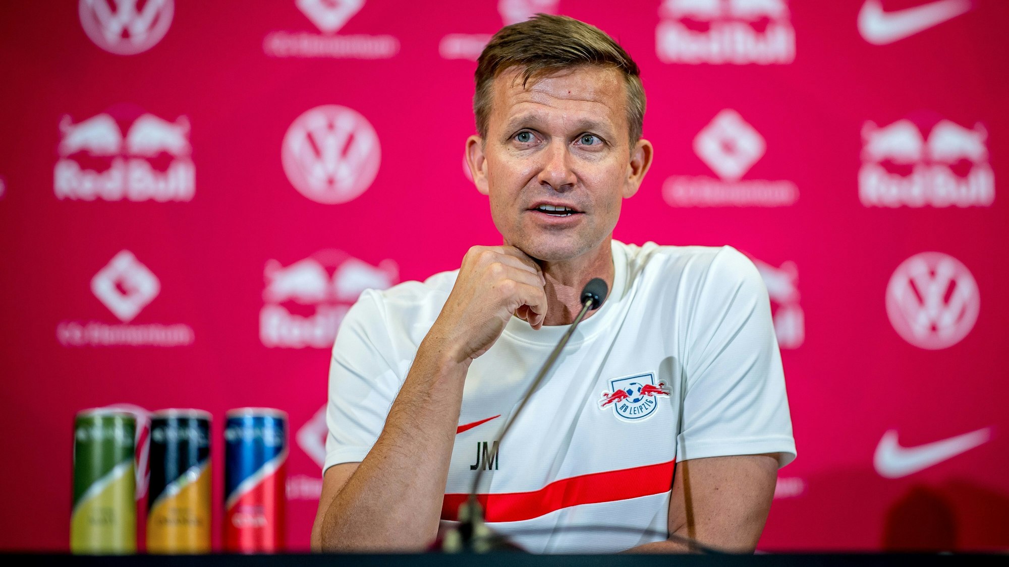 RB Leipzig-Coach Jesse Marsch bei der Pressekonferenz.