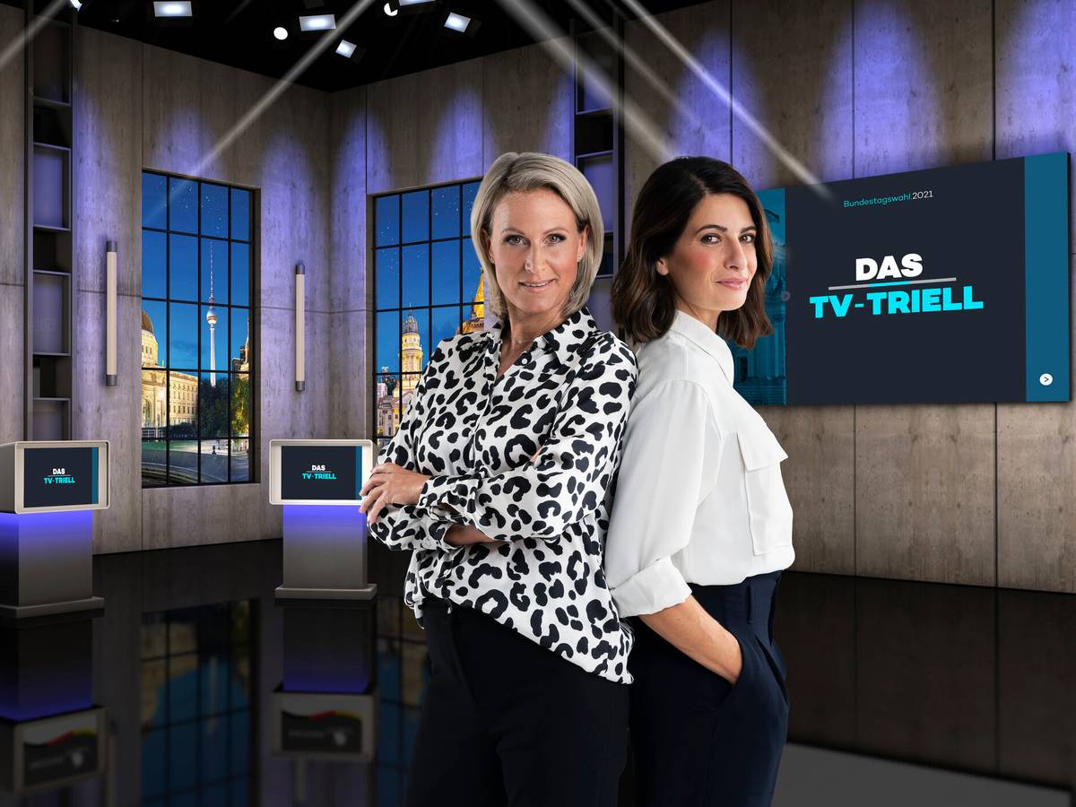 Das dritte und letzte TV-Triell wurde für die ProSieben-Gruppe von Linda Zervakis (r.) und Claudia von Brauchitsch moderiert. Letztere geriet in die Kritik, weil sie zuvor auch beim Parteisender CDU.tv arbeitete.