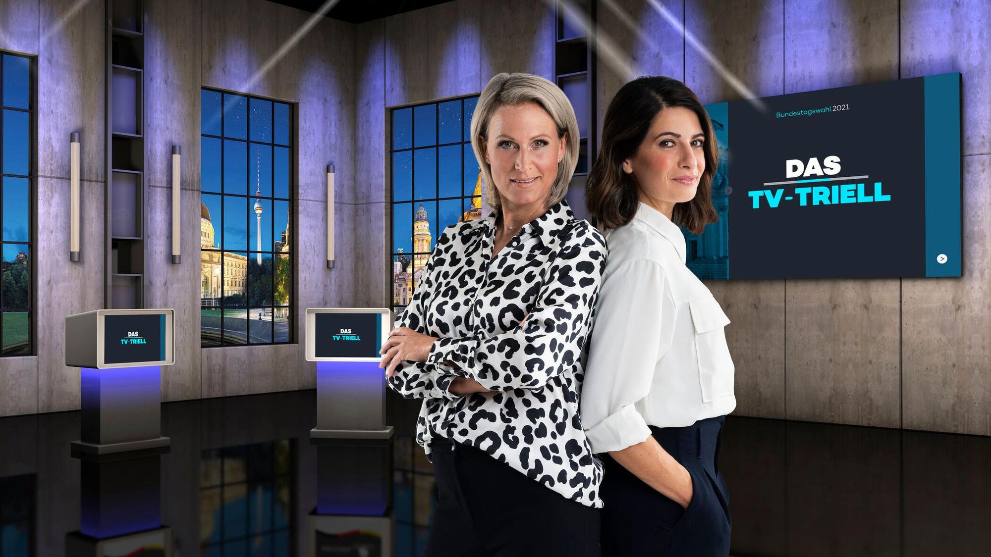 Das dritte und letzte TV-Triell wurde für die ProSieben-Gruppe von Linda Zervakis (r.) und Claudia von Brauchitsch moderiert. Letztere geriet in die Kritik, weil sie zuvor auch beim Parteisender CDU.tv arbeitete.