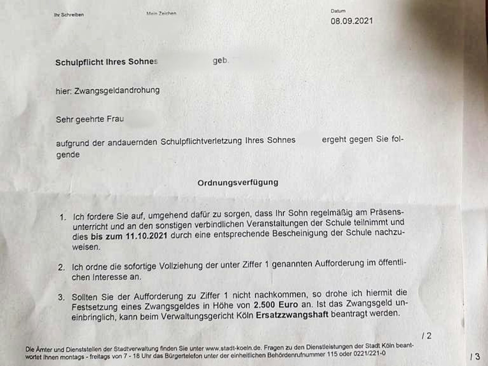 Köln: Zwangsgeldandrohung vom Schulamt der Stadt Köln