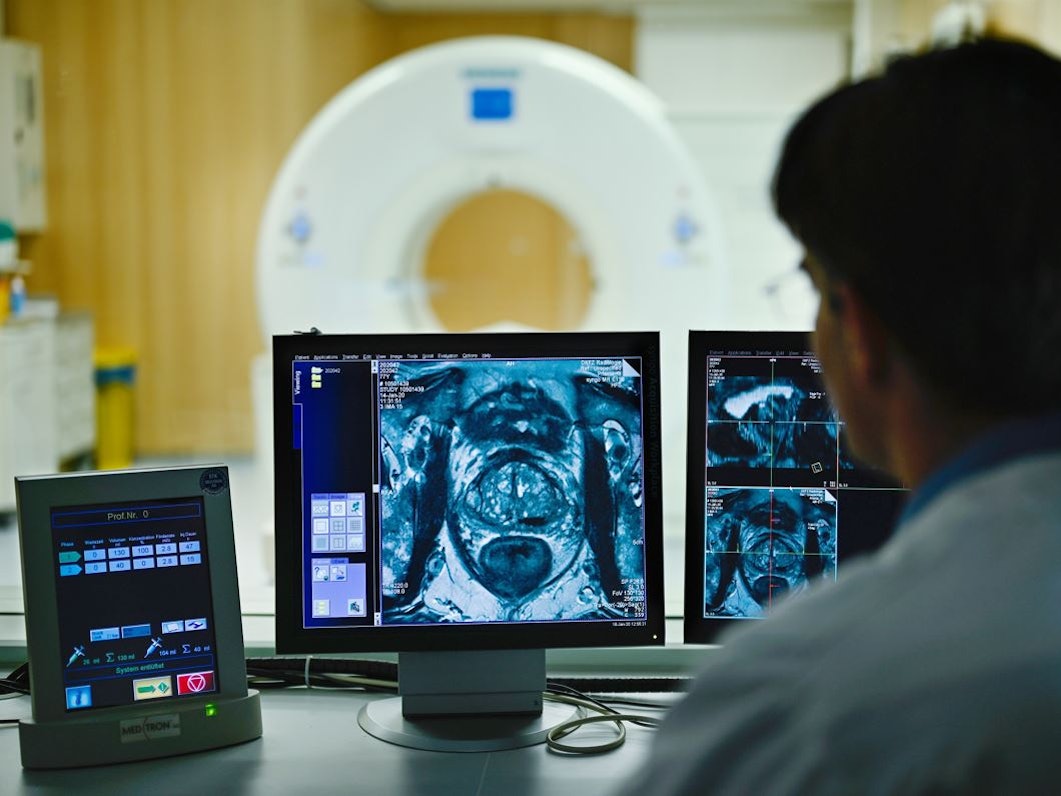 Forscher schaut auf Monitor.