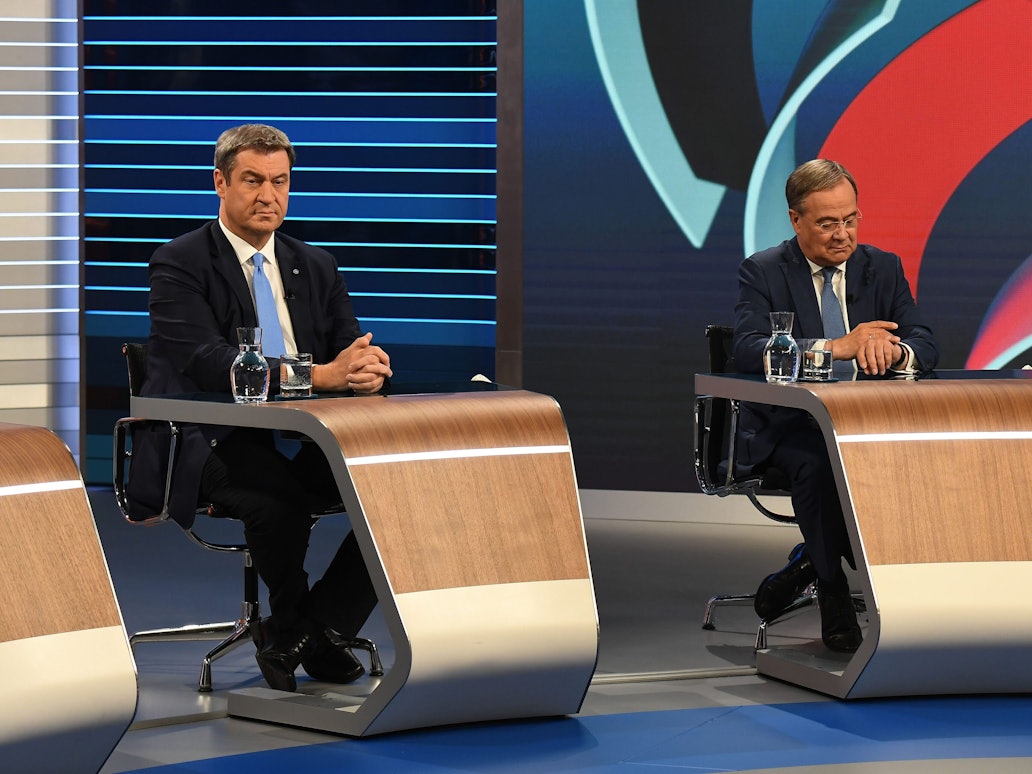 Markus Söder neben Armin Laschet in der Wahl 2021 Schlussrunde in ARD/ZDF.