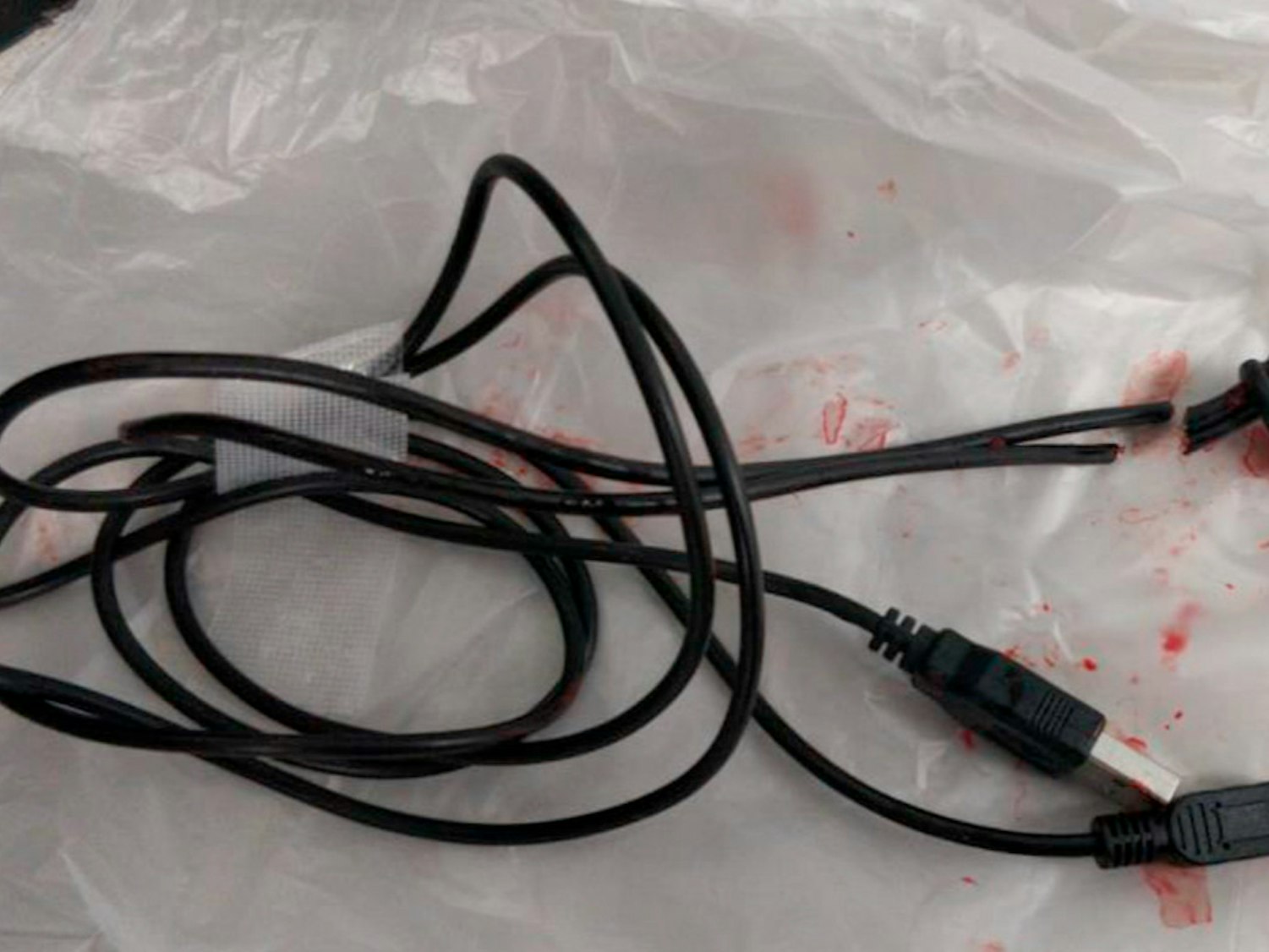 Das USB-Kabel, nachdem es aus dem Penis des Jungen entfernt wurde. Einige Blutspritzer sind um das Kabel verteilt.