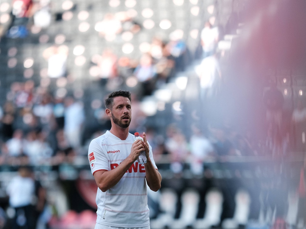 Mark Uth nach dem 1:1 des 1. FC Köln bei Eintracht Frankfurt.