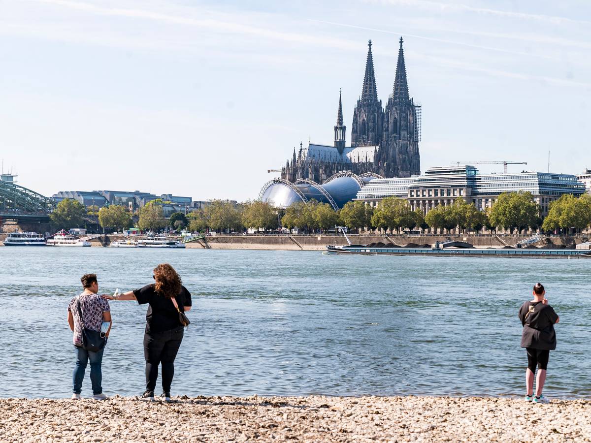 Spaziergänger am Rhein bei Köln (23. September 2021). Im Zufluss der Sieg wurde jetzt ein Maifisch gesichtet.