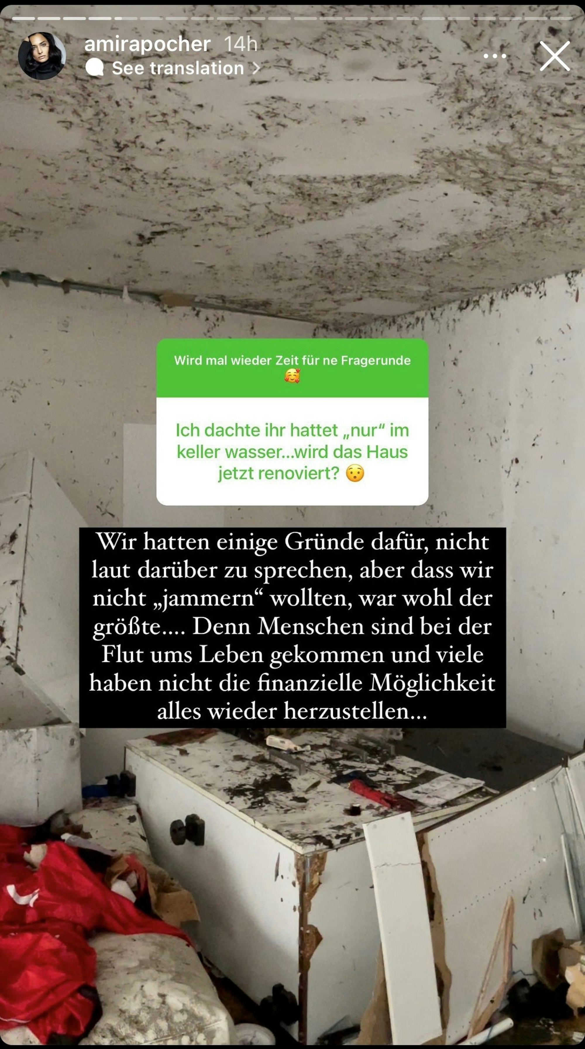 Amira Pocher hat auf Instagram über die Auswirkungen der Flutkatastrophe für ihre Familie gesprochen und Fotos von ihrem zerstörten Haus gezeigt.