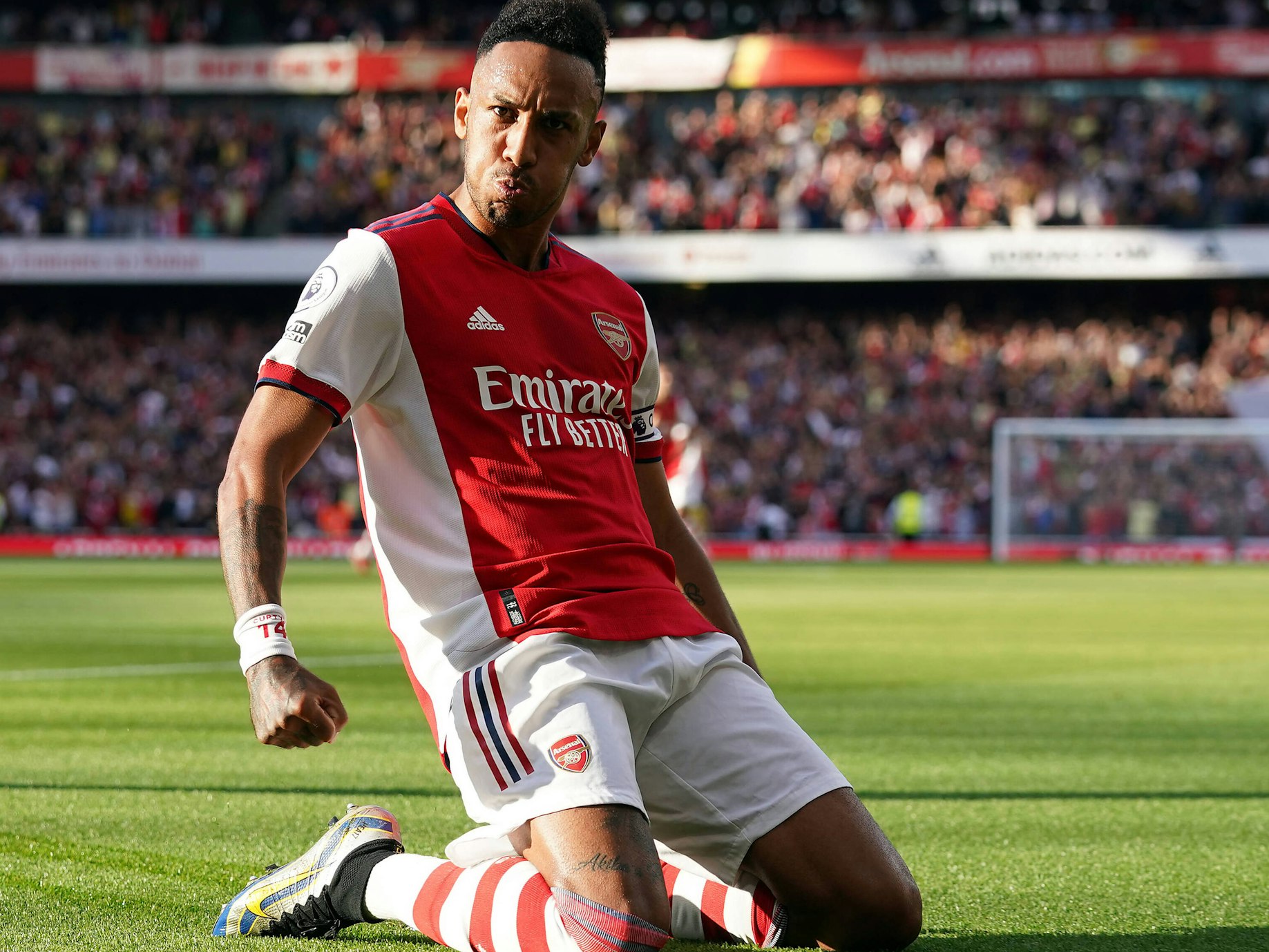 Pierre-Emerick Aubameyang jubelt auf Knien.