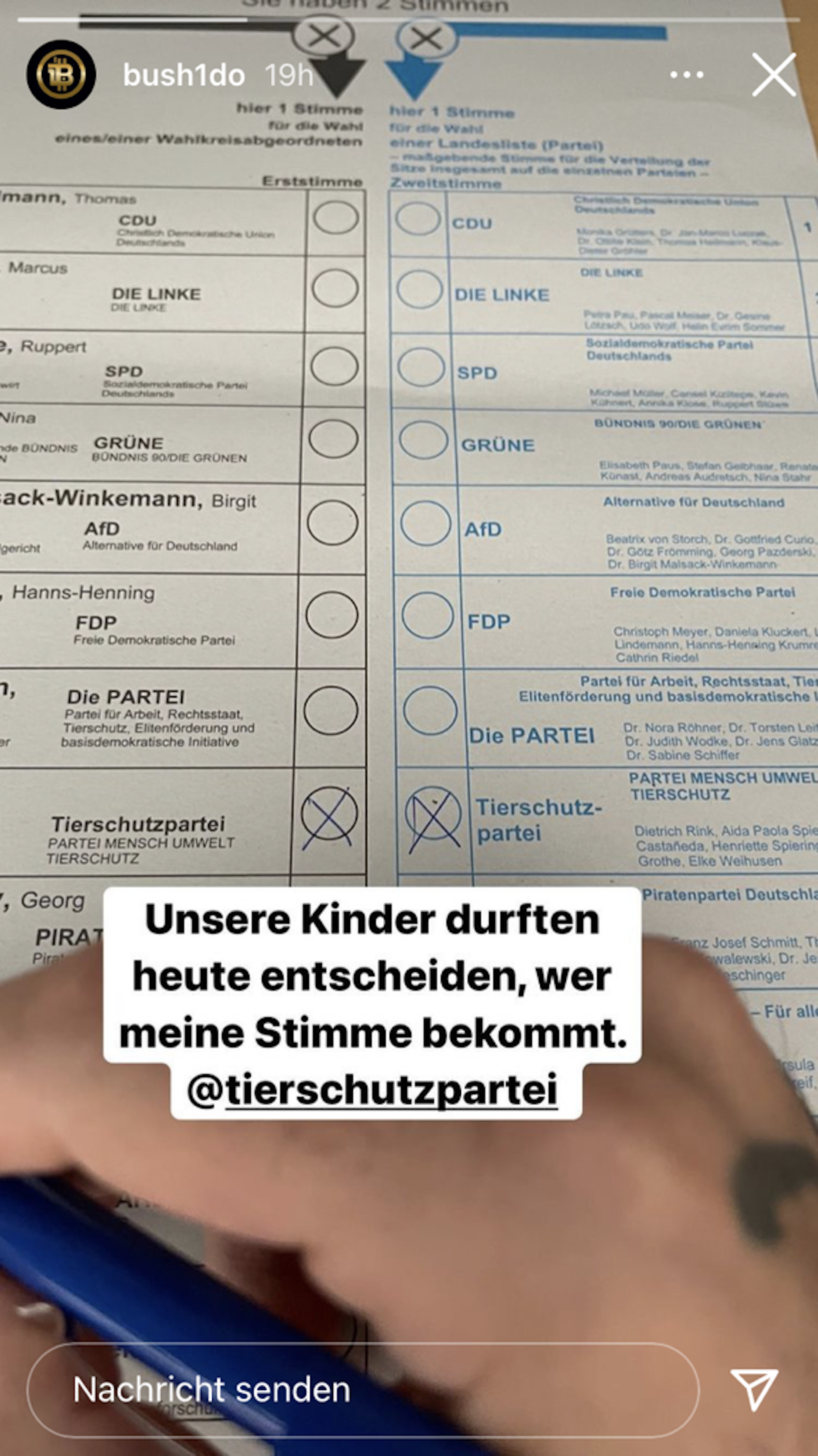 Rapper Bushido postet in seiner Instagram-Story vom 26. September 2021 seinen Wahlschein.