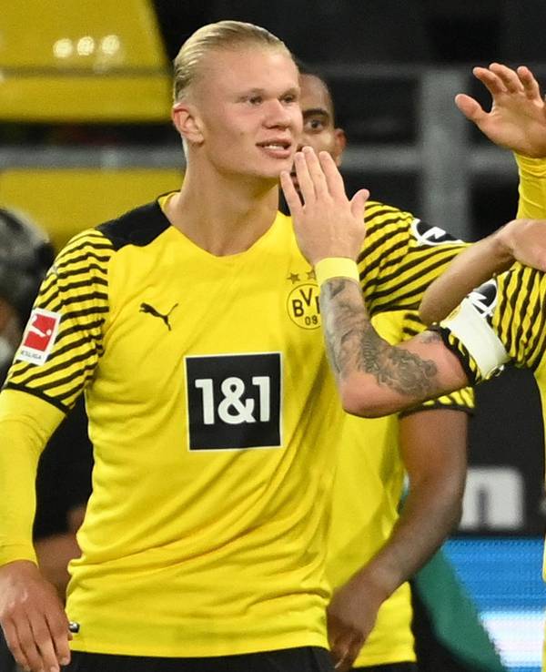 Erling Haaland, Marco Reus und Giovanni Reyna bejubeln ein Tor von Borussia Dortmund in der Bundesliga.