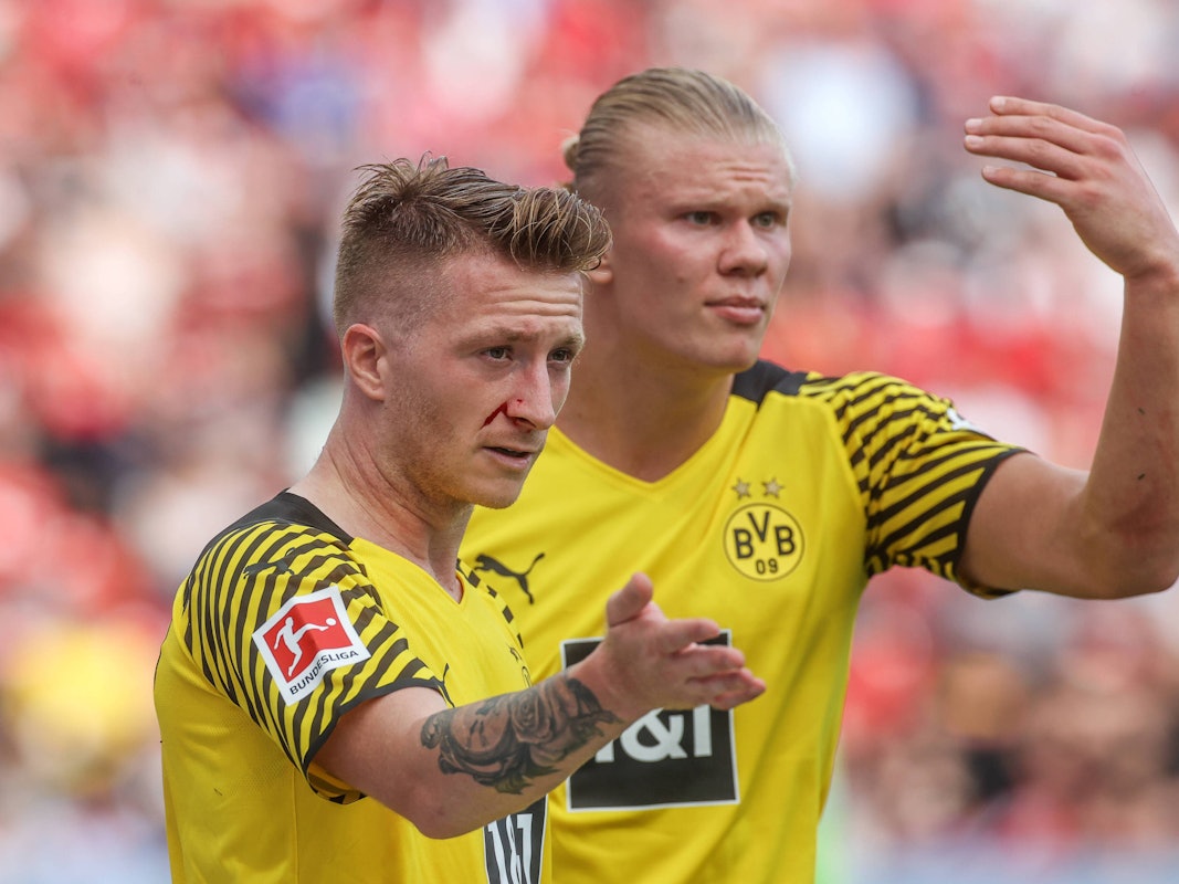 Marco Reus und Erling Haaland gestikulieren während eines BVB-Spiels.