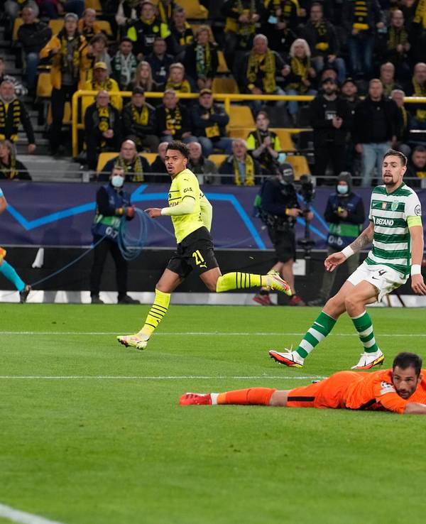 Donyell Malen (BVB) trifft in der Champions League gegen Sporting Lissabon.