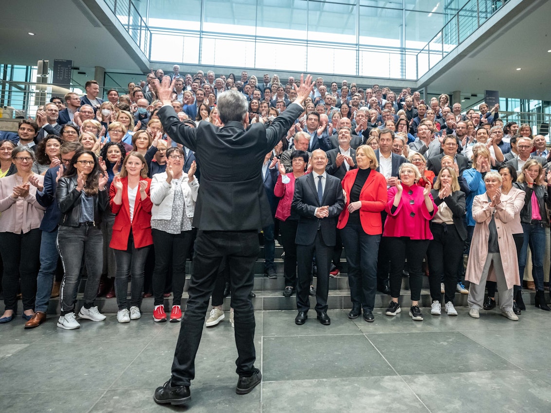Die SPD-Fraktion nach der Sitzung im Bundestag.