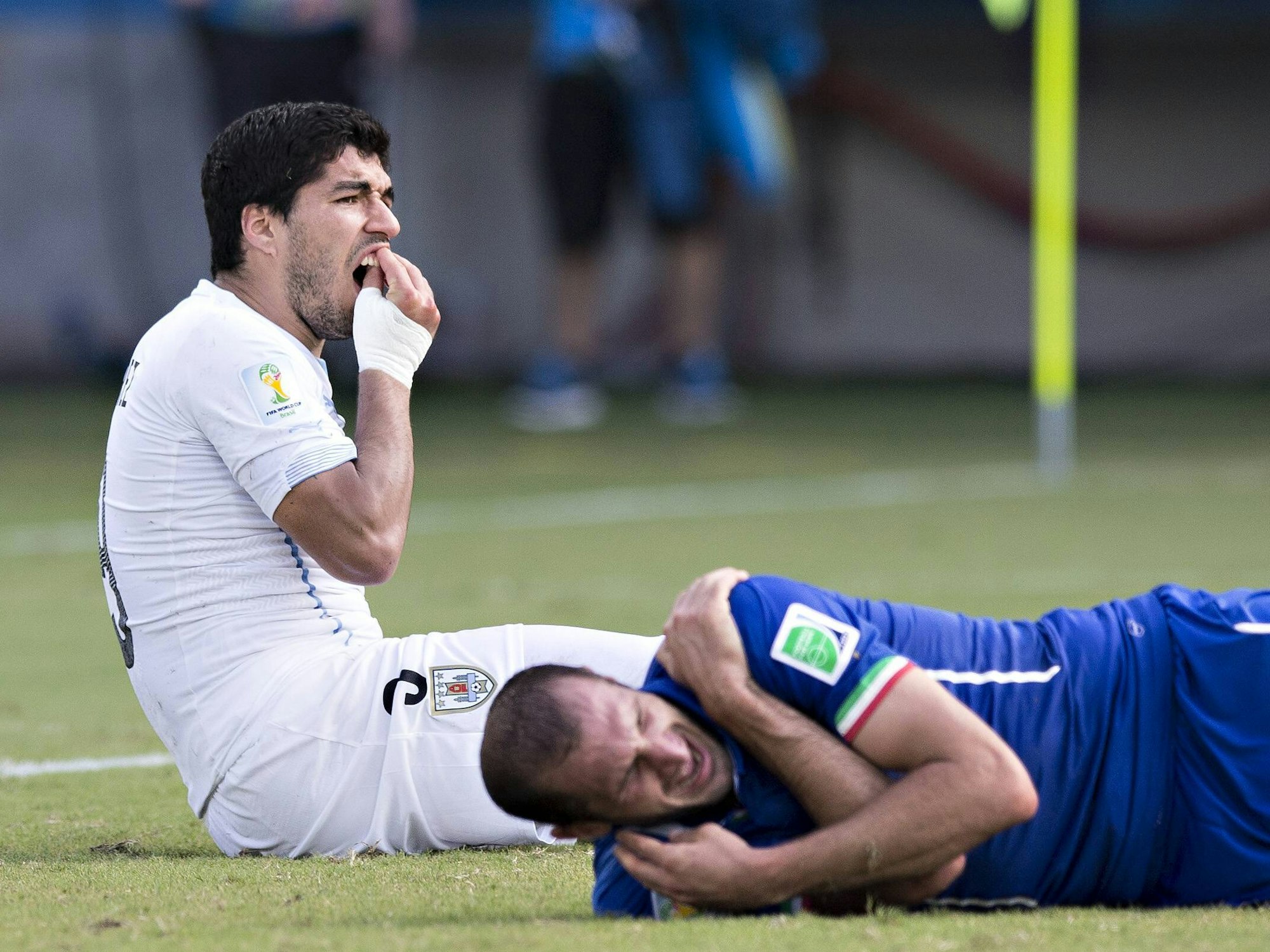 Luis Suarez fasst sich an die Zähne, Giorgio Chiellini krümmt sich auf dem Boden.