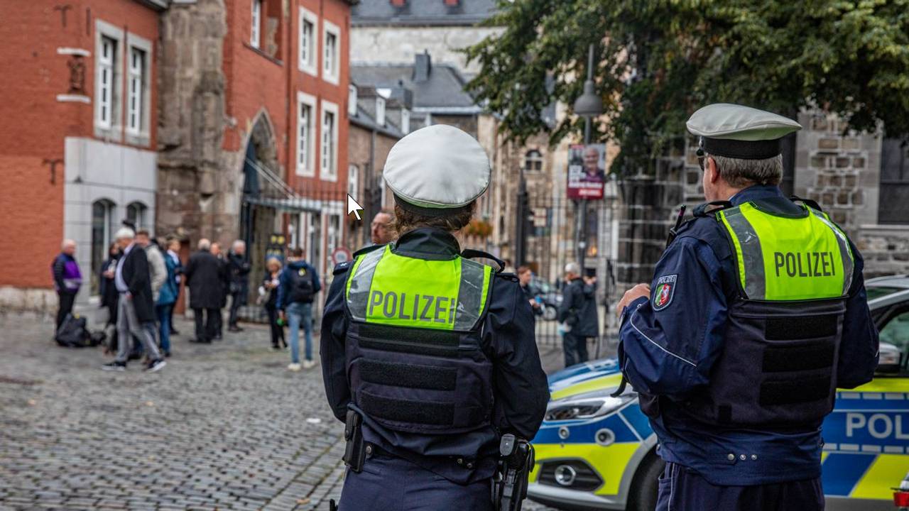 Zwei Polizisten stehen neben einem Einsatzwagen vor dem Aachener Dom.