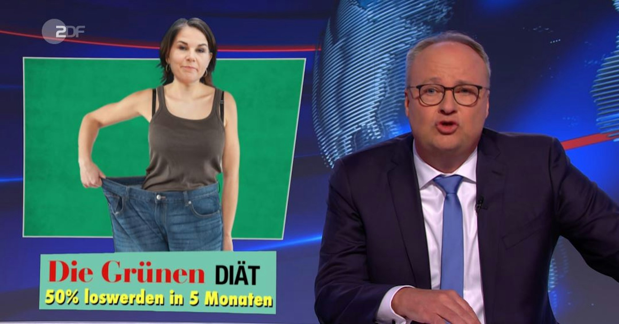 Annalena Baebock wird mit viel zu großer Hose dargestellt. Darunter steht: „Die Grünen Diät 50 Prozent loswerden in fünf Monaten.“