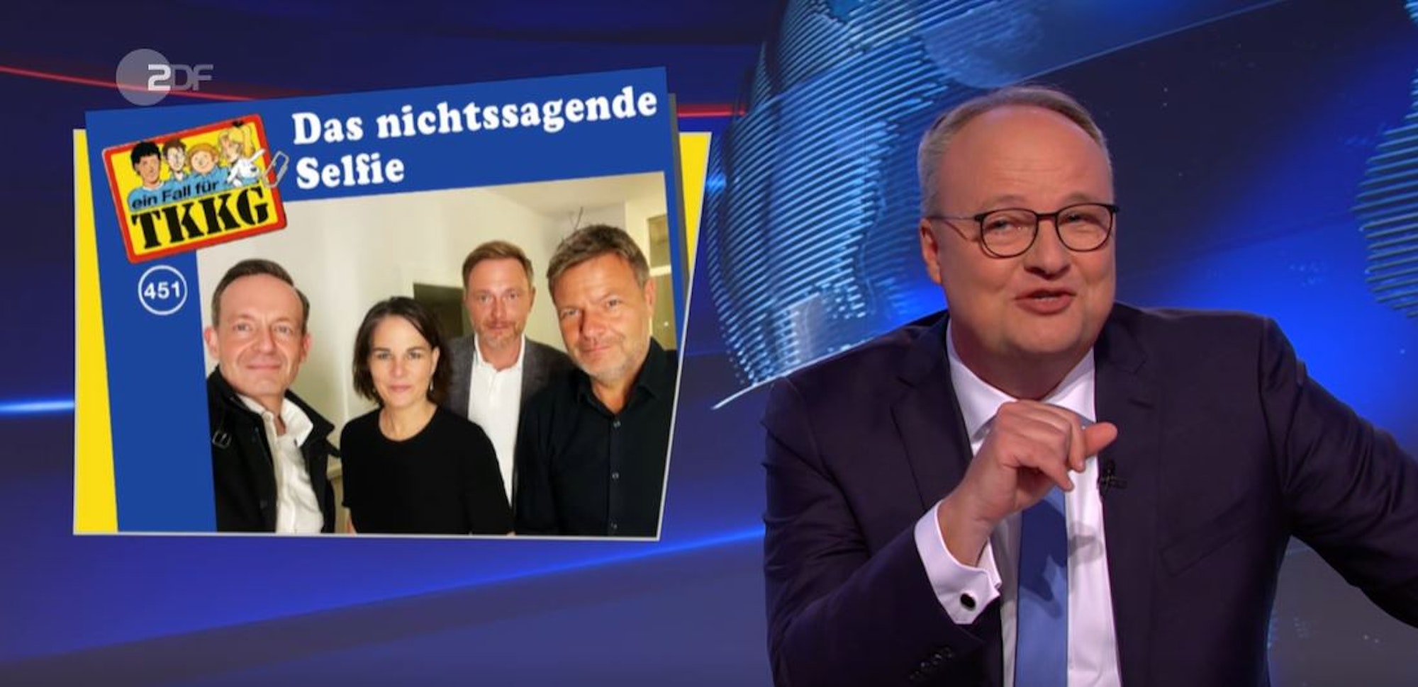 Das Selfie von Wissing, Baerbock, Lindner und Habeck, eingebunden in das TKKG-Logo.