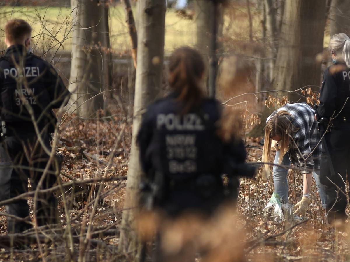 Polizeieinheiten durchsuchen einen Wald.