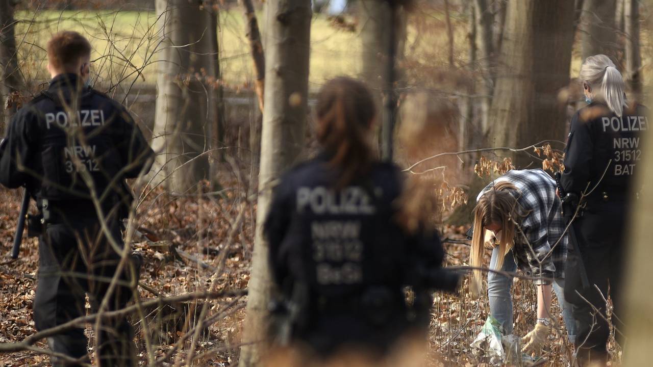 Polizeieinheiten durchsuchen einen Wald.