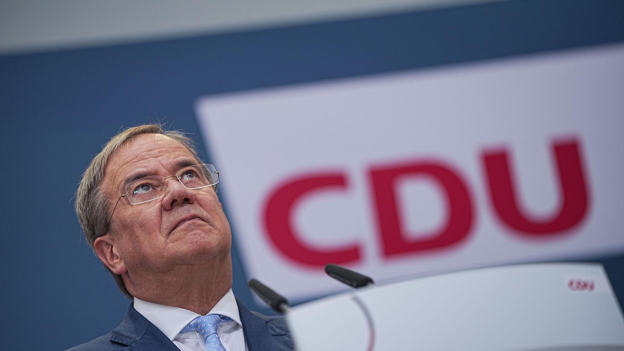 CDU-Kanzlerkandidat Armin Laschet gibt im September 2021 eine Pressekonferenz nach den Gremiensitzungen der Partei nach der Bundestagswahl 2021 im Konrad-Adenauer-Haus.