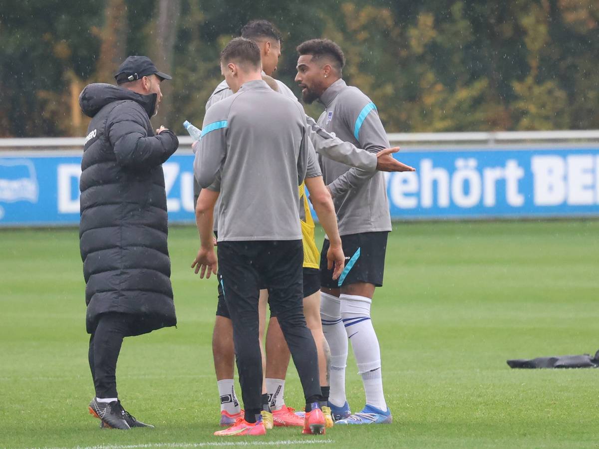 Coach Pal Dardai und Spieler Kevin-Prince Boateng streiten sich auf dem Trainingsplatz. Kollege Davie Selke versucht dazwischen zu schlichten.