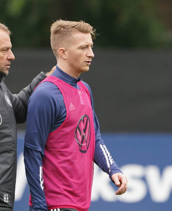 Bundestrainer Hansi Flick spricht mit Dortmunds Marco Reus.