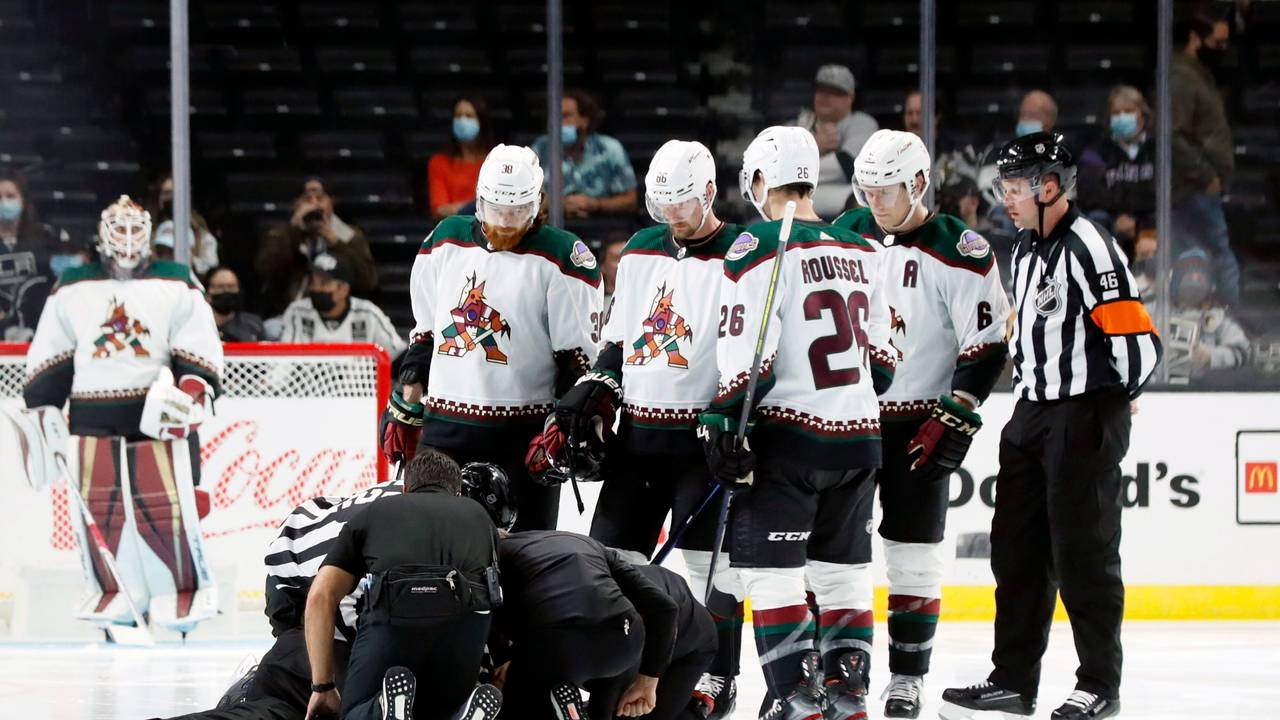 Die Spieler der Arizona Coyotes versammeln sich bei einem NHL-Vorbereitungsspiel um den am Boden liegenden Schiedsrichter Ryan Gibbons, der von Medizinern behandelt wird.