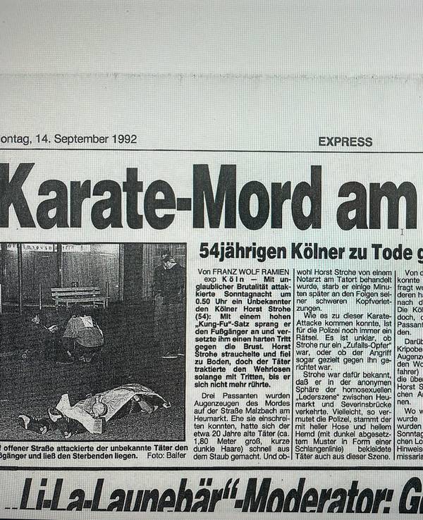 Ein Zeitungsausschnitt des Kölner EXPRESS vom 14. September 1992 über den getöteten Horst Strohe.