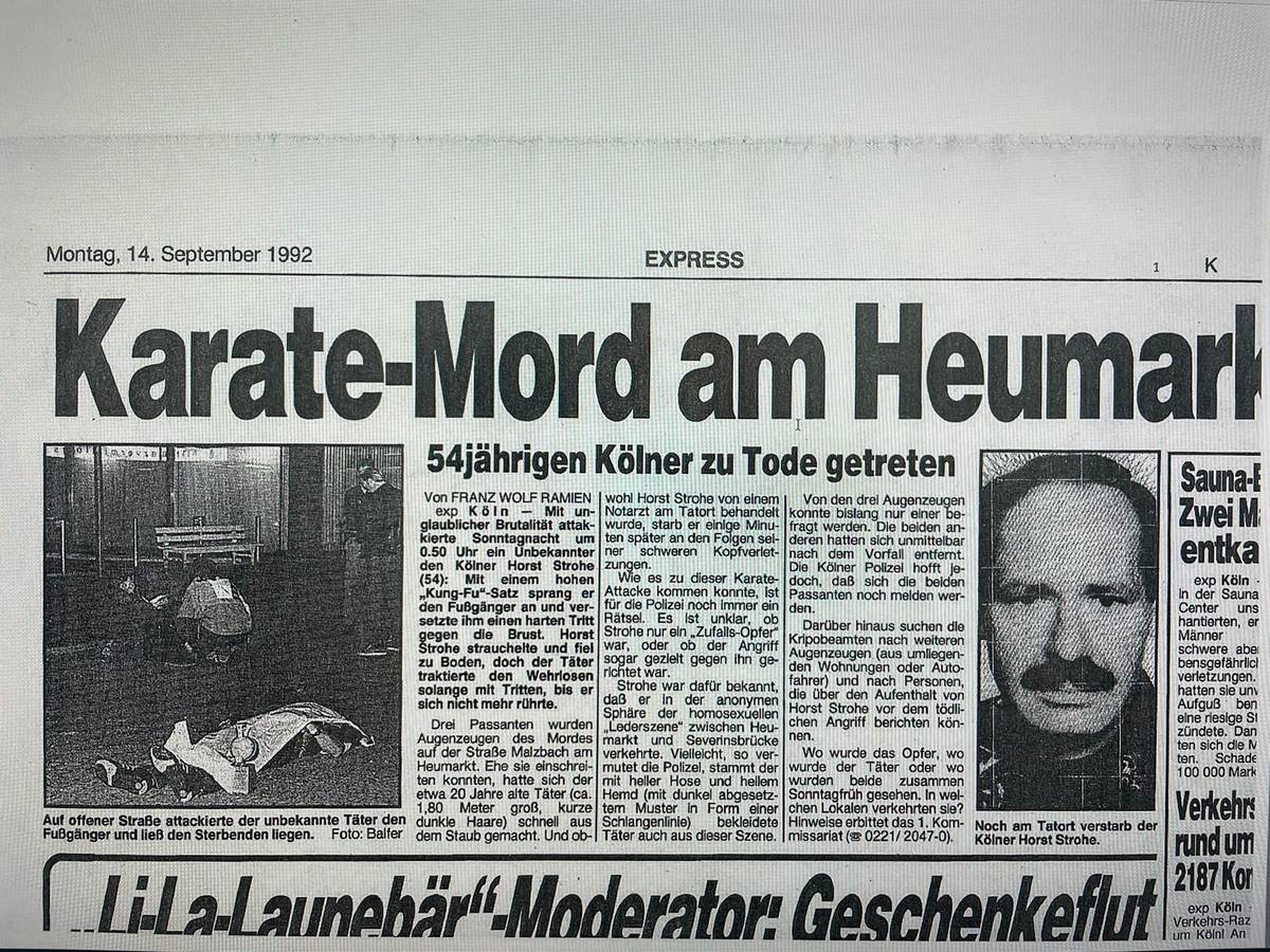 Ein Zeitungsausschnitt des Kölner EXPRESS vom 14. September 1992 über den getöteten Horst Strohe.