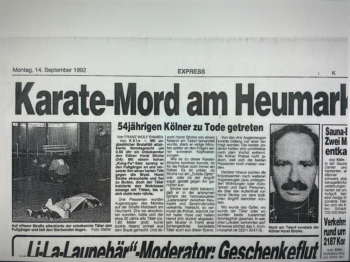 Ein Zeitungsausschnitt des Kölner EXPRESS vom  14. September 1992 über den getöteten Horst Strohe.