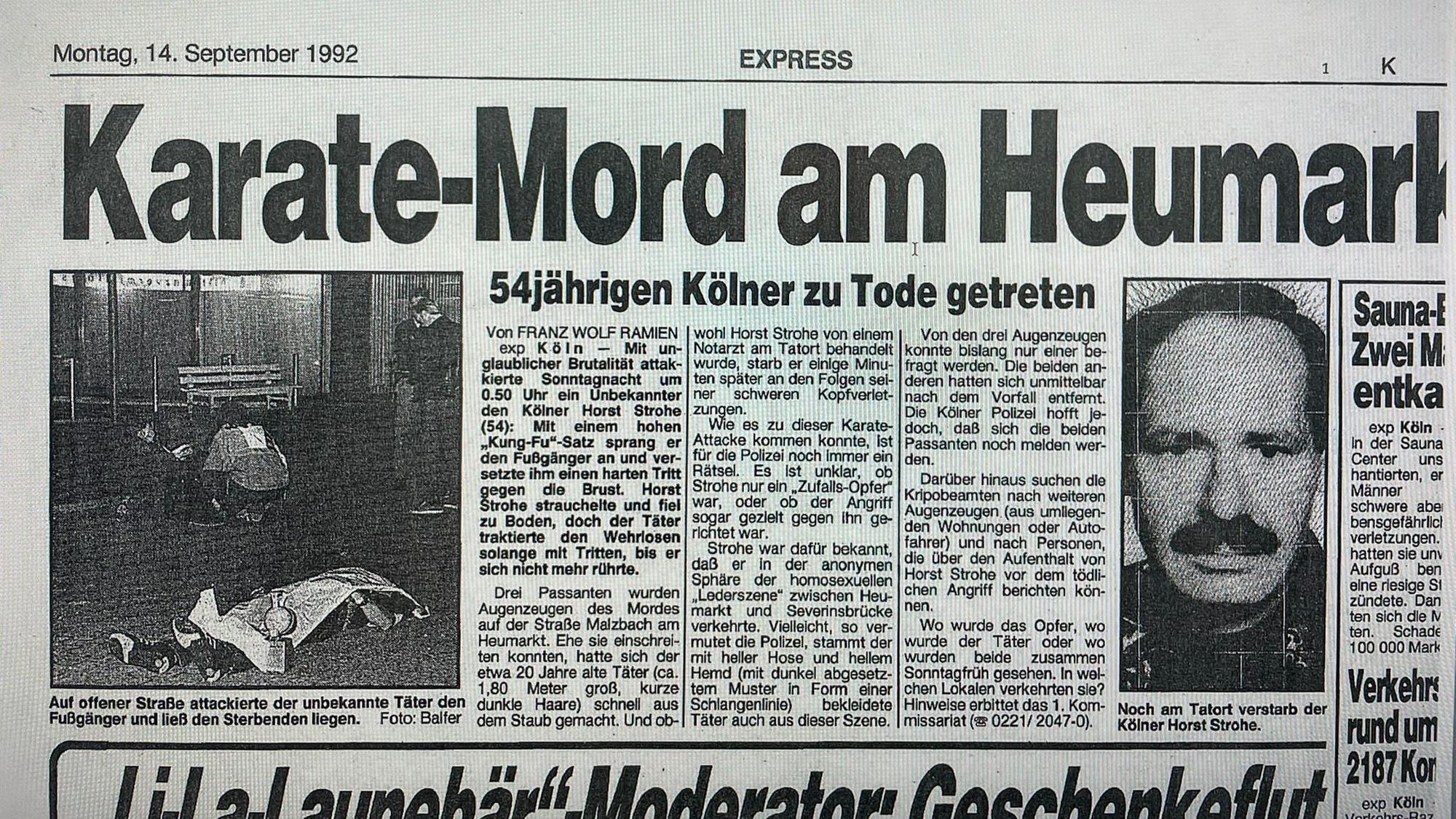 Ein Zeitungsausschnitt des Kölner EXPRESS vom 14. September 1992 über den getöteten Horst Strohe.