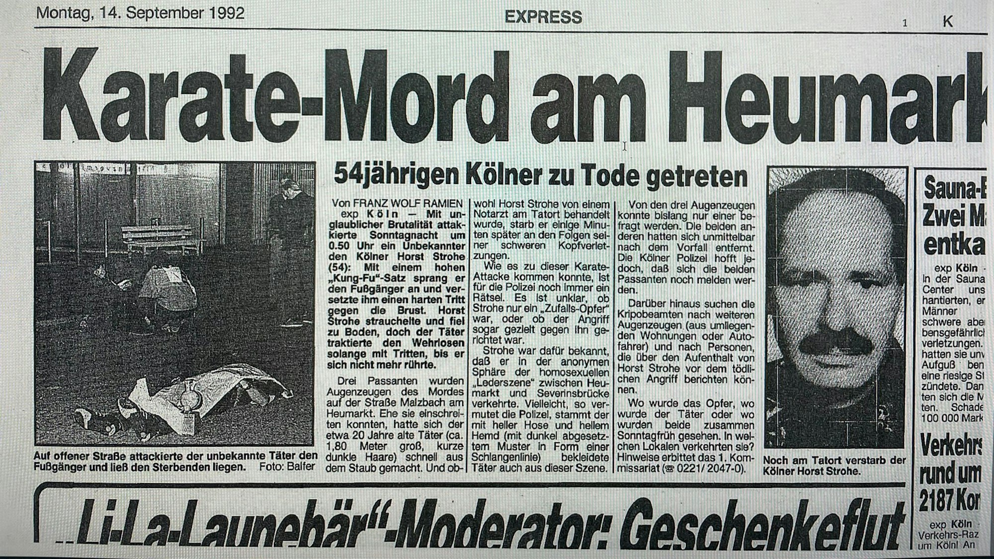 Ein Zeitungsausschnitt des Kölner EXPRESS vom 14. September 1992 über den getöteten Horst Strohe.