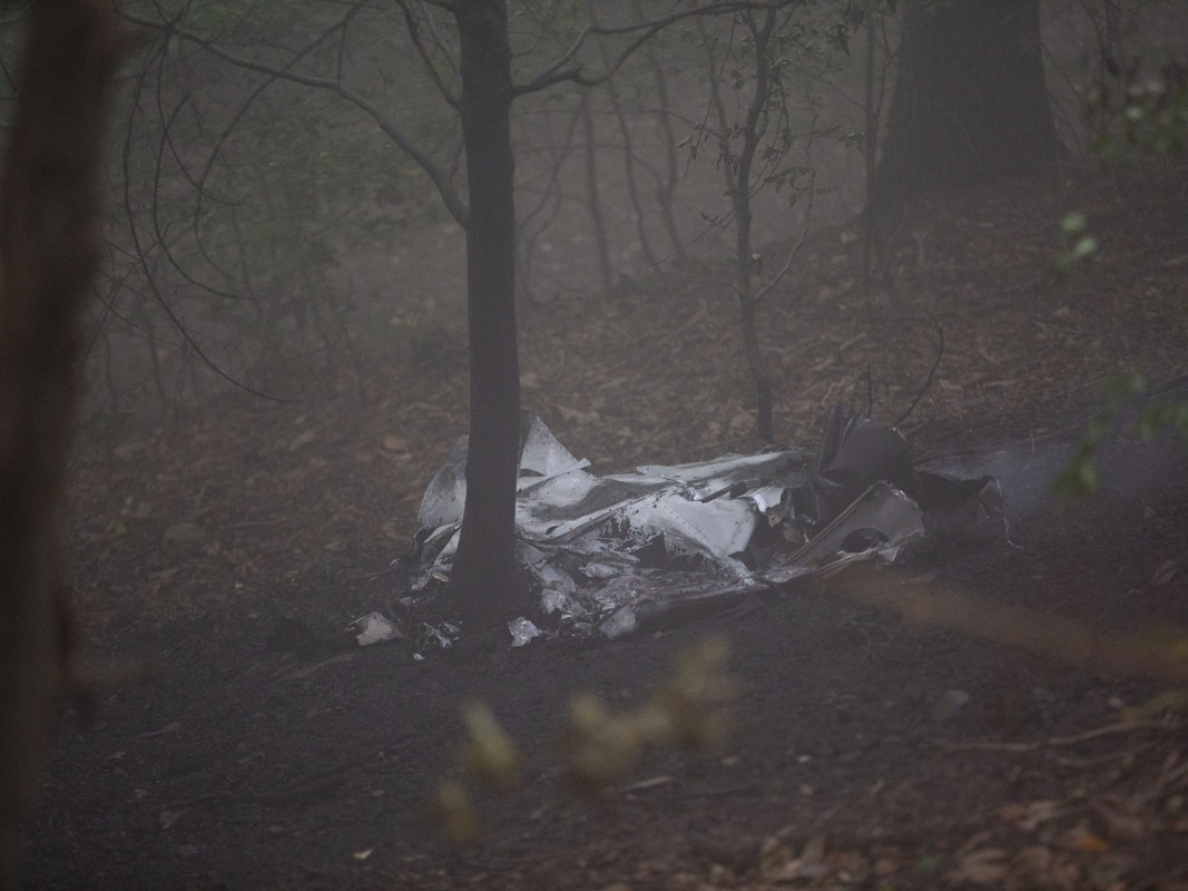 Wrackteile des Flugzeugs liegen im Wald.