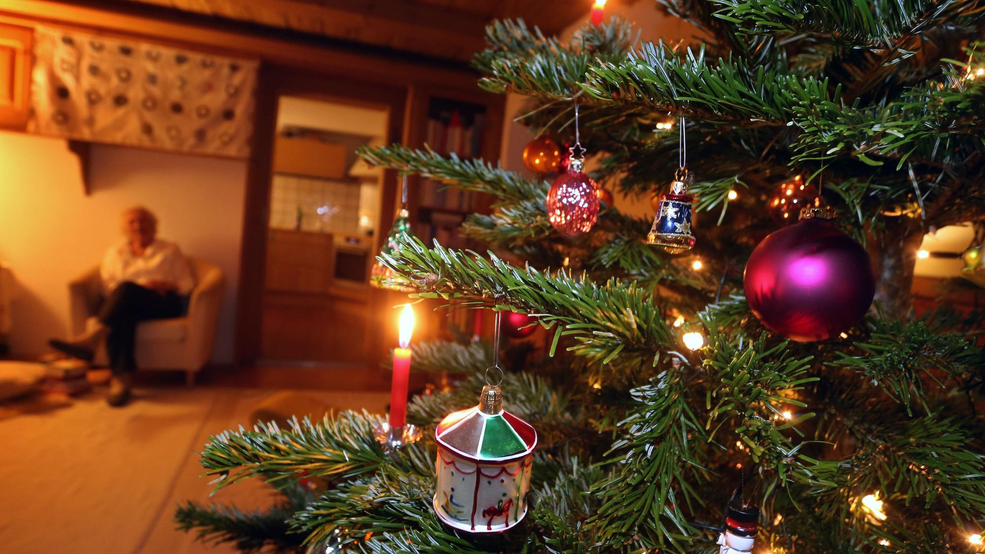 Auf dem Foto sieht man im rechten Teil des Bildes einen geschmückten Tannenbaum, im Hintergrund sitzt eine ältere Frau.