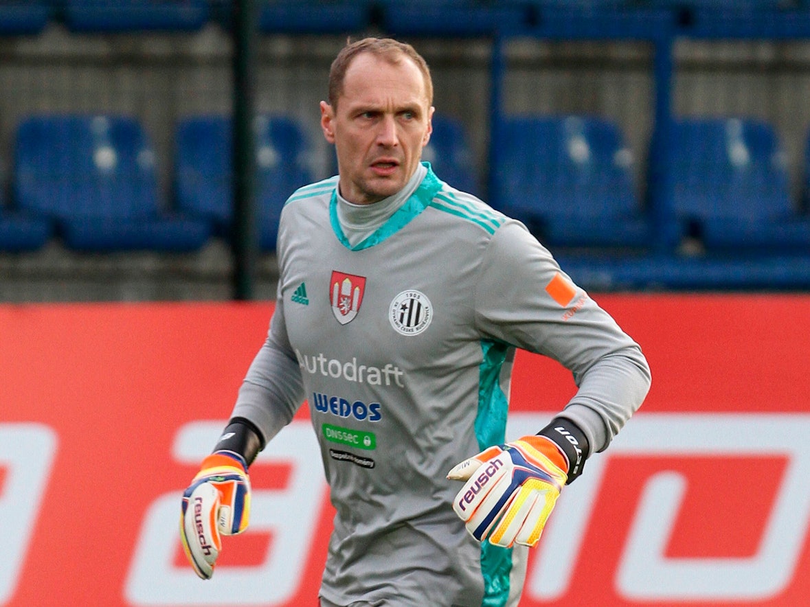 Jaroslav Drobny trägt ein Torwarttrikot samt Torwarthandschuhen.