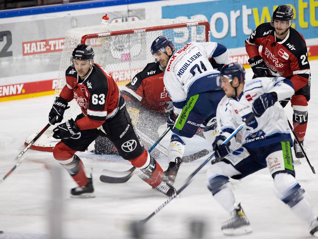 Duell um den Puck im DEL-Spiel der Kölner Haie gegen die Straubing Tigers.