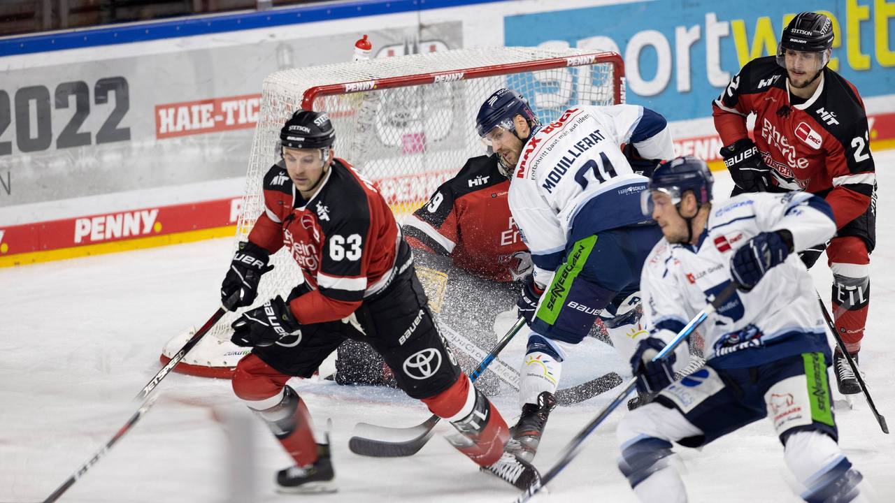 Duell um den Puck im DEL-Spiel der Kölner Haie gegen die Straubing Tigers.