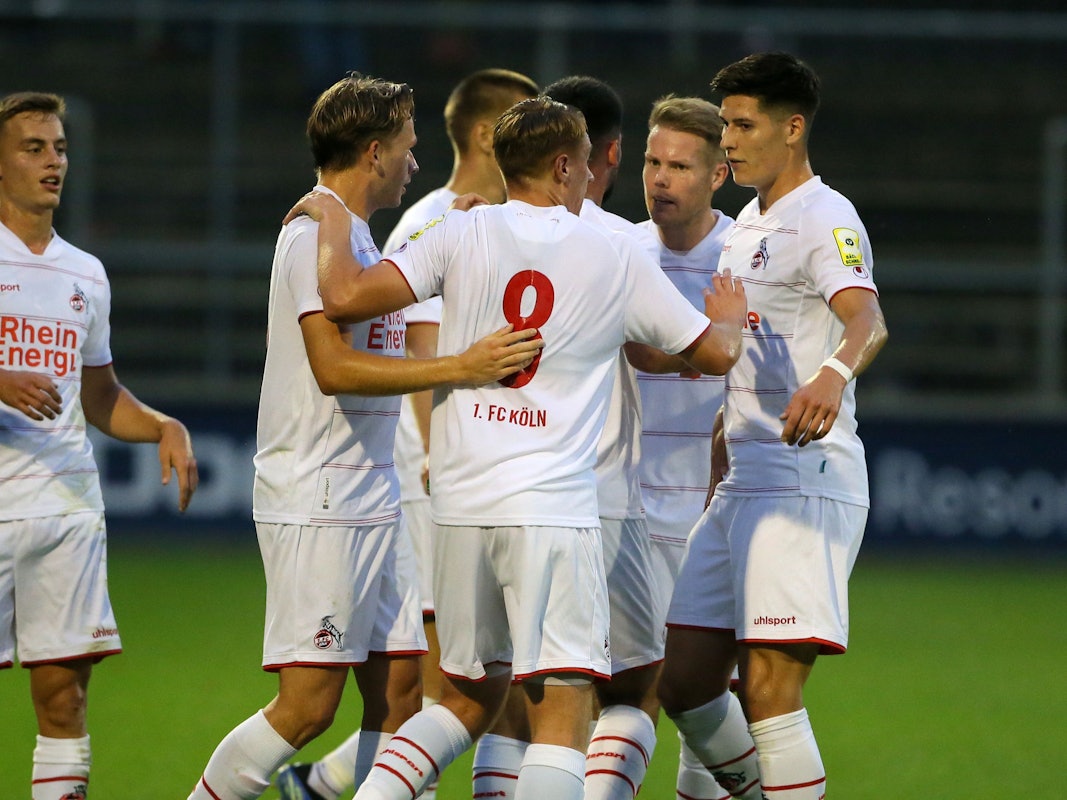 1.FC Köln U21 vs. Alemannia Aachen, Regionalliga West, vorne: Joshua Schwirten (1.FC Köln) bejubelt sein Tor zum 1:0, 15.09.2021, Bild: Herbert Bucco
