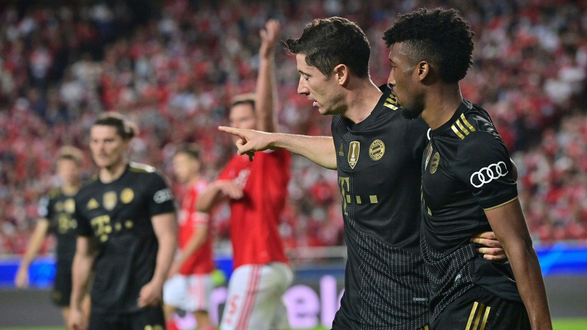 Robert Lewandowski bejubelt mit Kingsley Coman seinen Treffer für den FC Bayern.