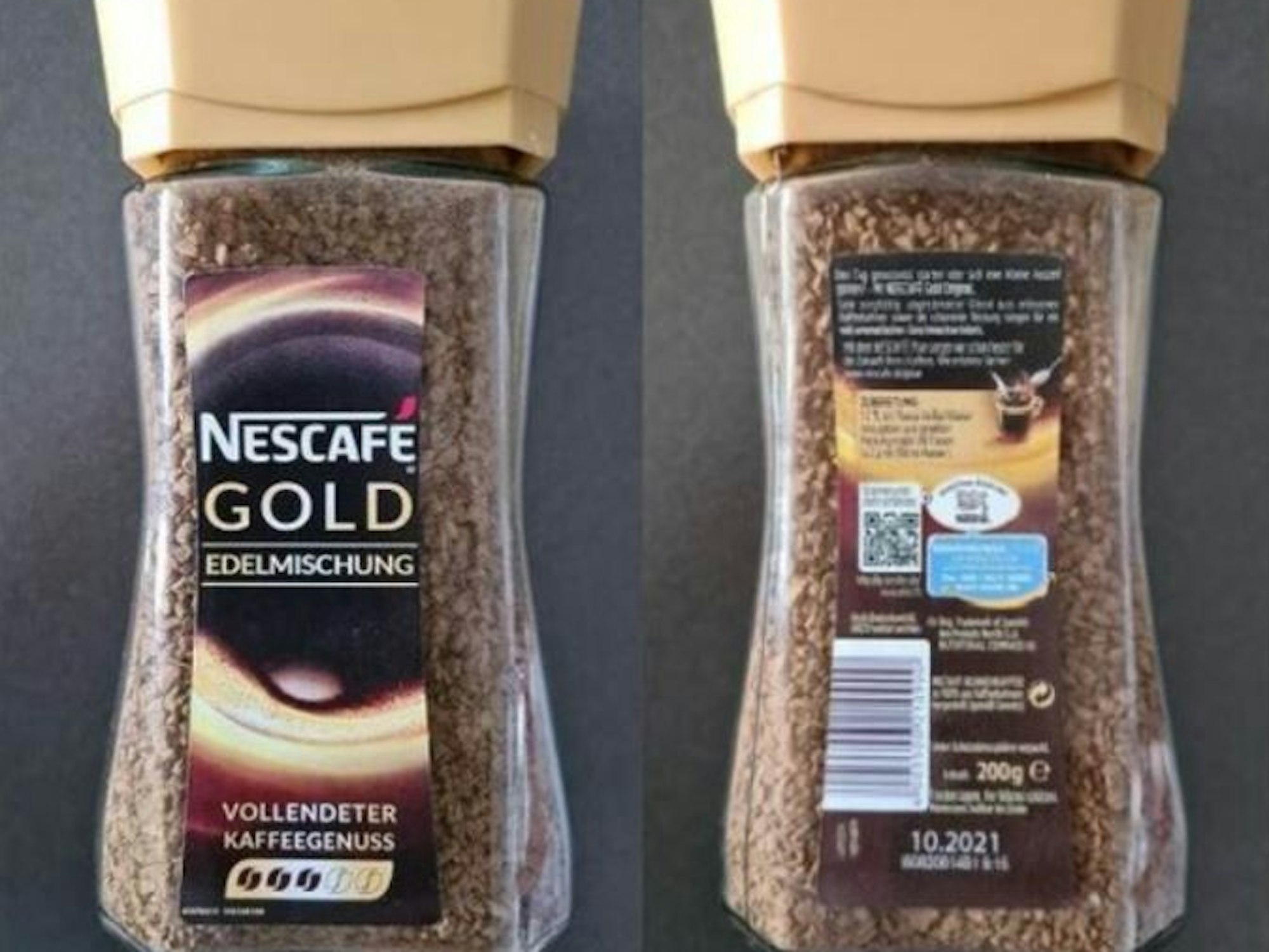 Das Foto zeigt die Nescafé-Fälschung, die aktuell im Umlauf ist. Nestlé warnt vor dem Verzehr. Es können Glas- und Plastiksplitter enthalten sein.