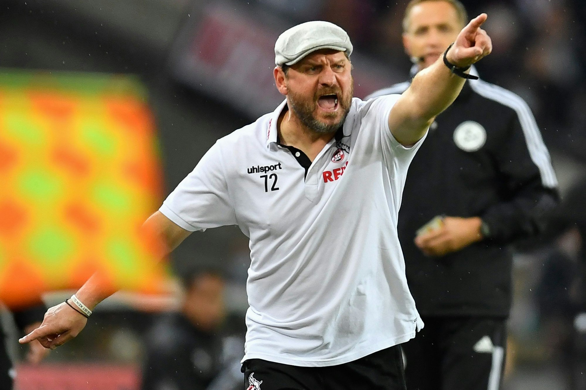 Steffen Baumgart gestikuliert während des Spiels des 1. FC Köln.